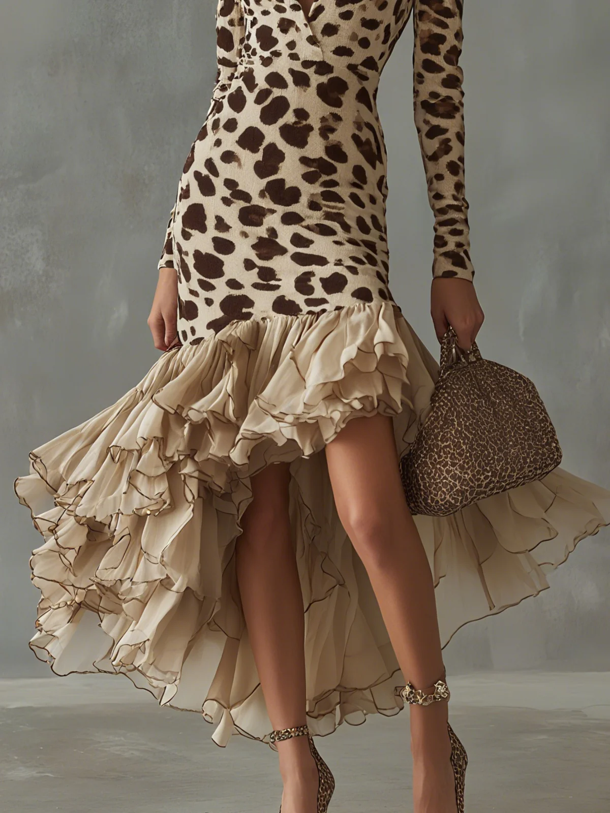 Leopard Print Ruffled High Low Midi Dress