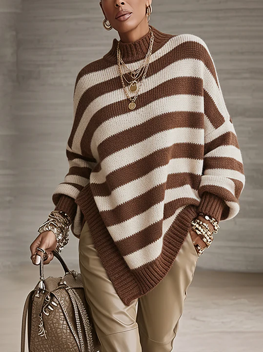 Brown And Cream Diagonal Stripe Knit Sweater With Asymmetrical Hem