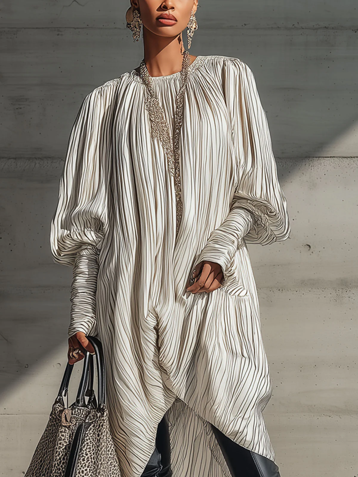 White Polyester Midi Pleated Loose Dress