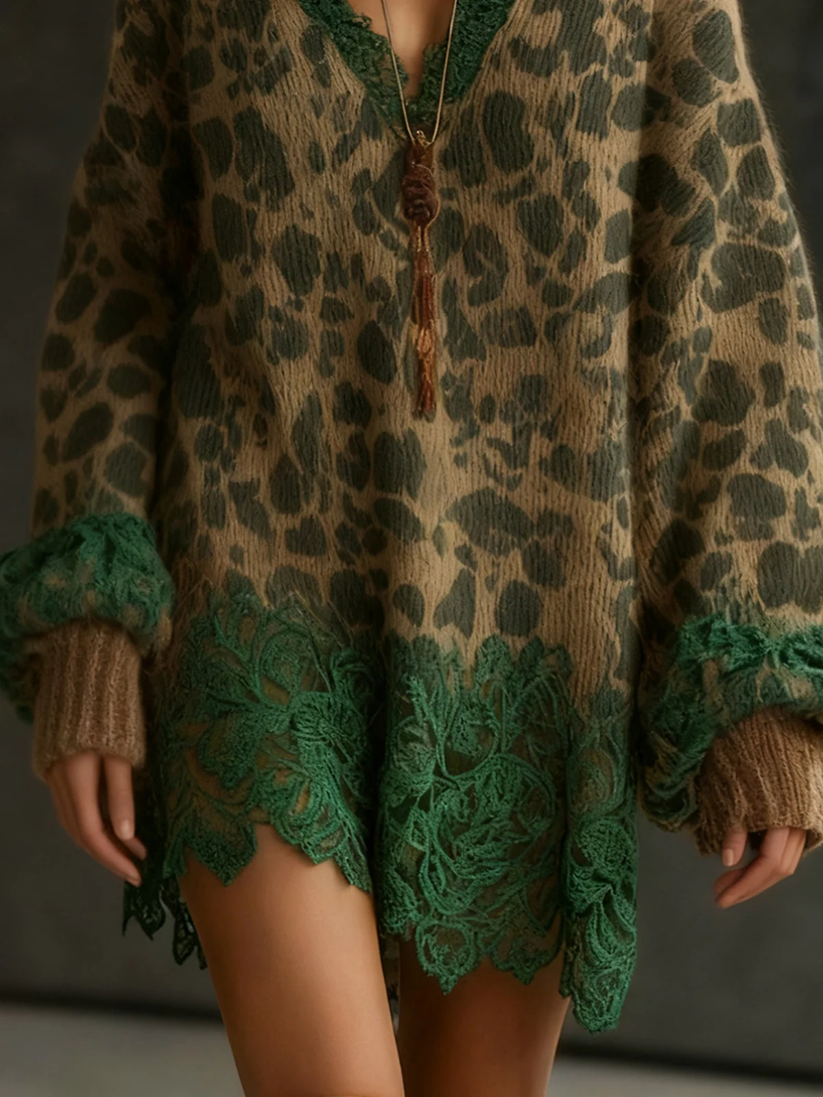 Leopard Print Knit Dress With Green Lace Accents