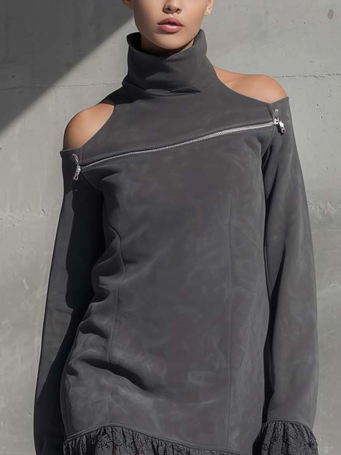 Gray Faux Suede Mini Dress With Lace And Zipper