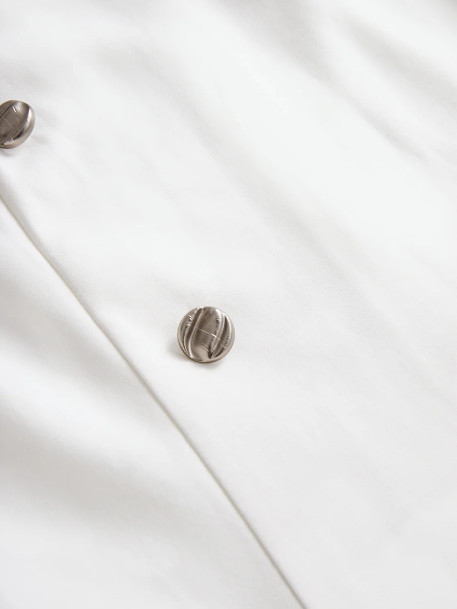 Stylish Double-Breasted White Dress with Navy Accents