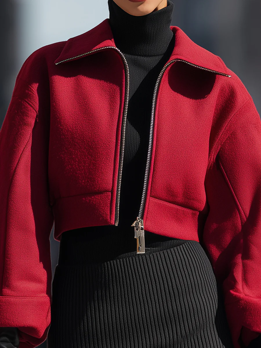 Red Cropped Wool Zip Jacket