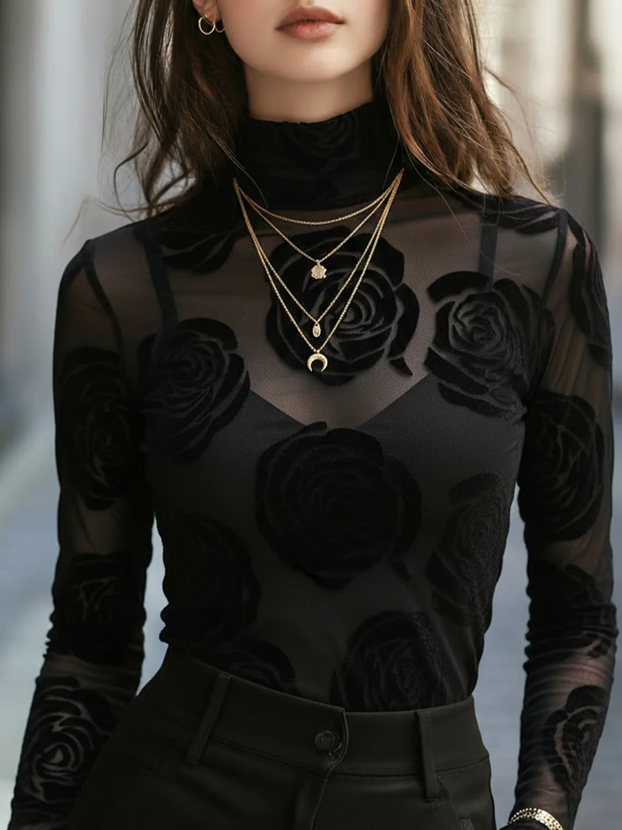 Sheer Rose-Patterned Turtleneck Top