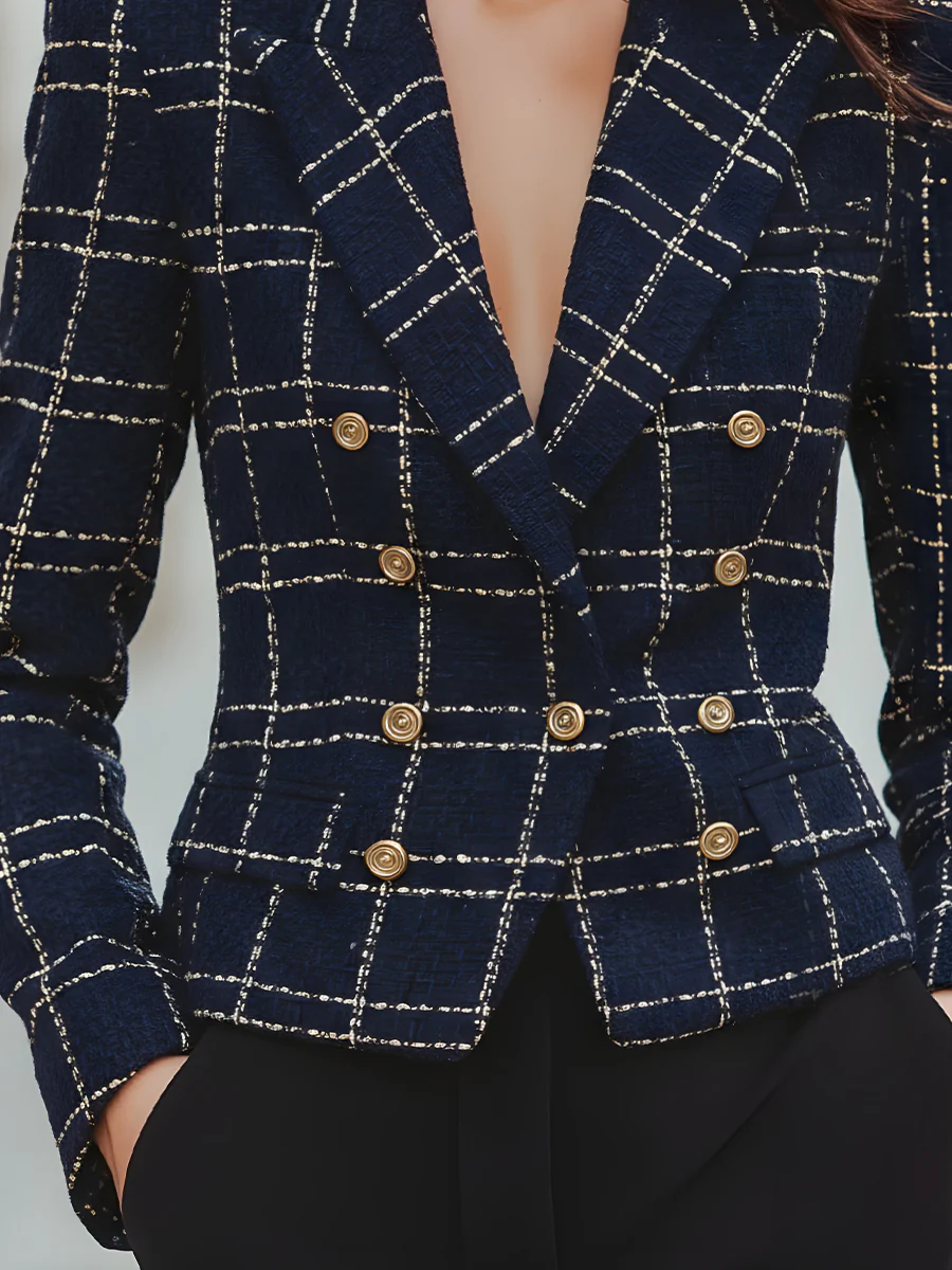 Classic Elegance Plaid Buttons Blazer