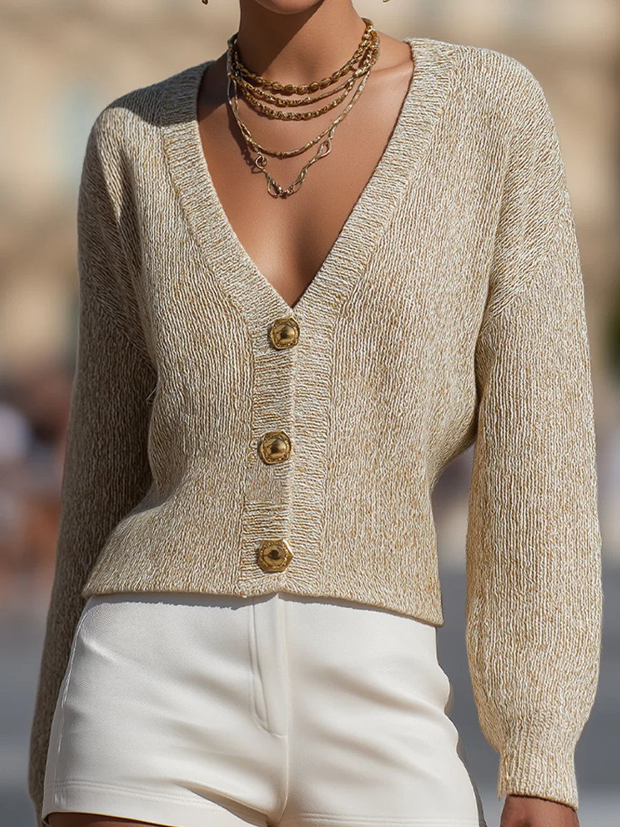 Gold-Threaded Knit Button Cardigan In Champagne Beige