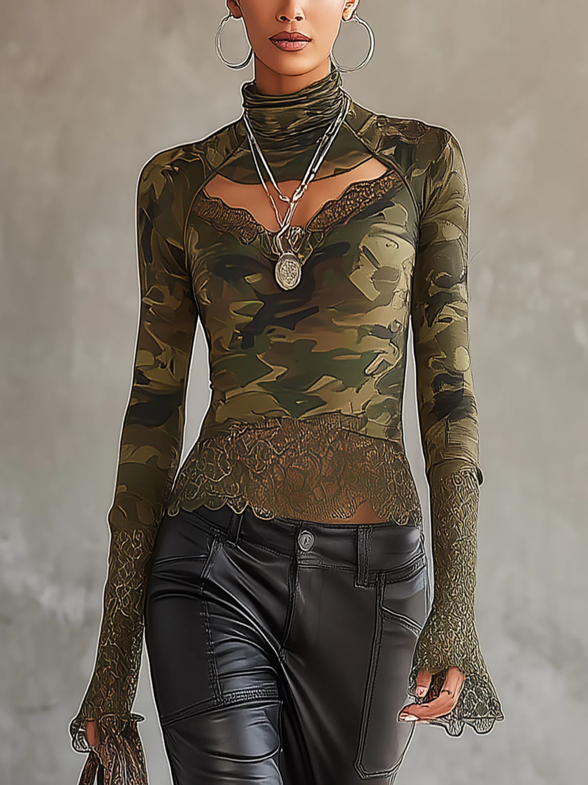 Camouflage Lace Trim Mesh Cutout Turtleneck T-shirt