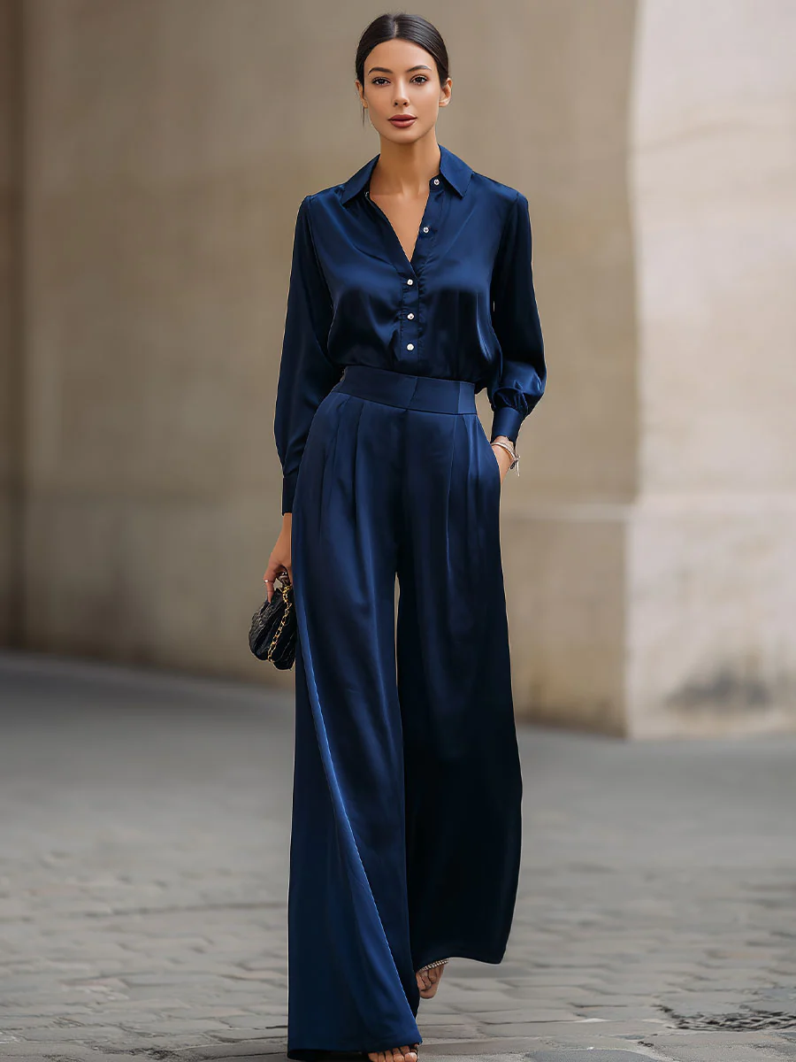 Chic Satin Two-Piece Set With Button-Up Blouse And Wide-Leg Trousers