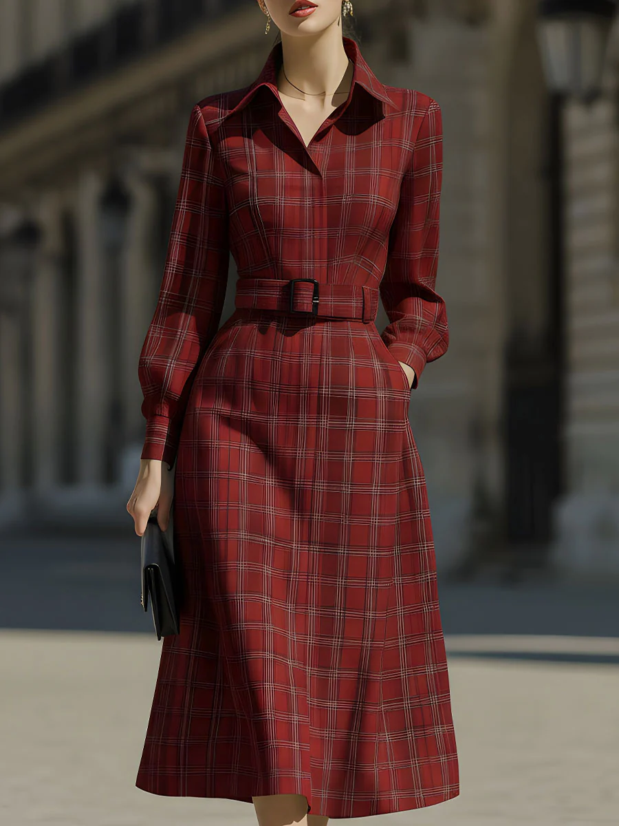 Sophisticated Red Checkered Midi Dress For Classic Style