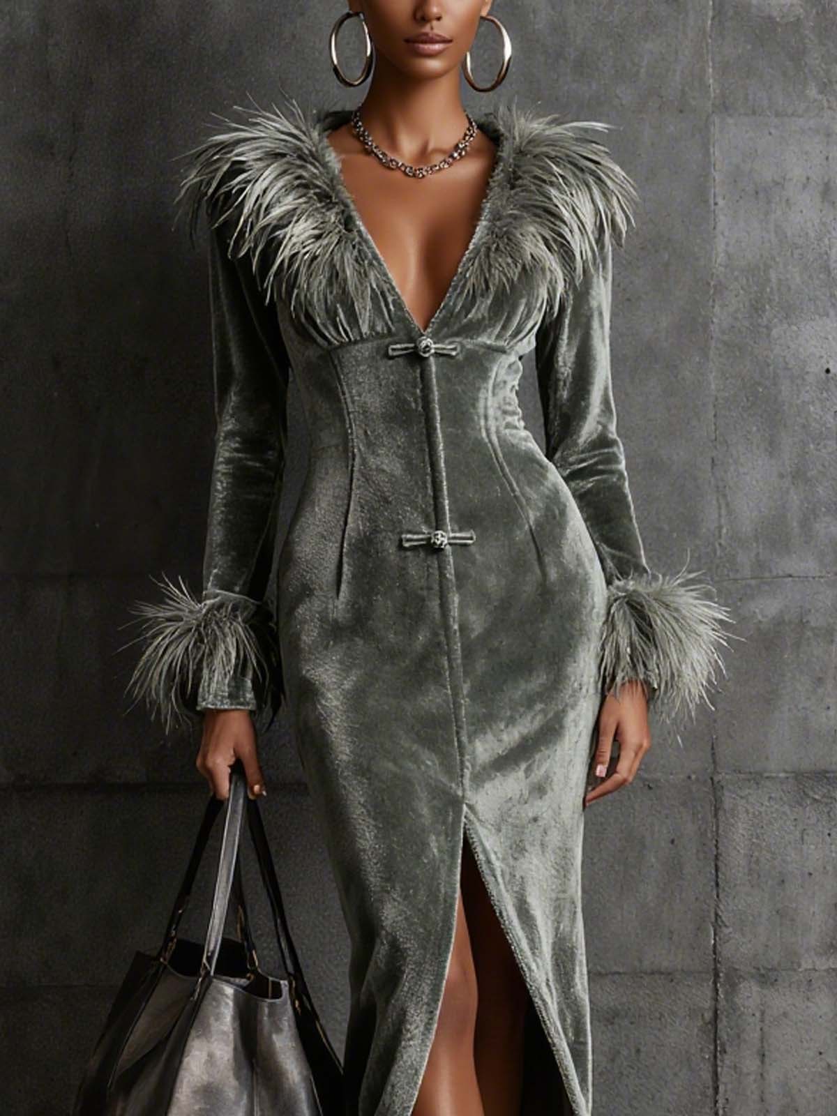 Gray Green Velvet Faux Fur Curved Long Dress