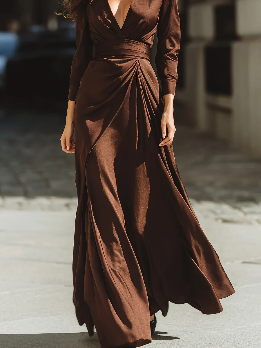 Mocha Satin Wrap Maxi Dress