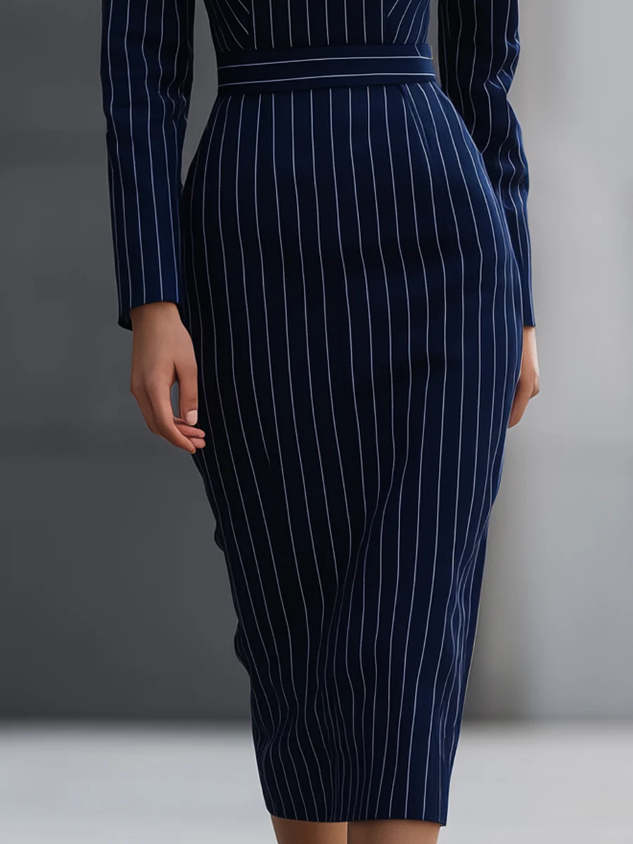 Navy Pinstripe High-Neck Midi Dress