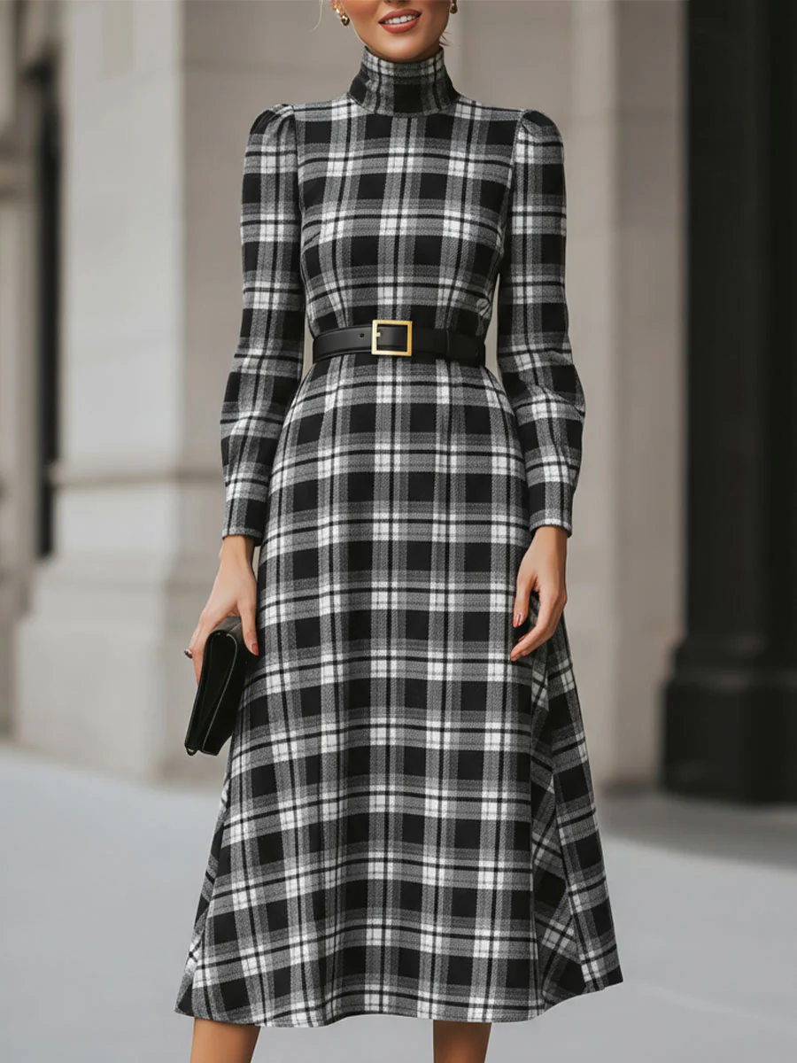 Chic Black And White Plaid Midi Dress With Belted Waist