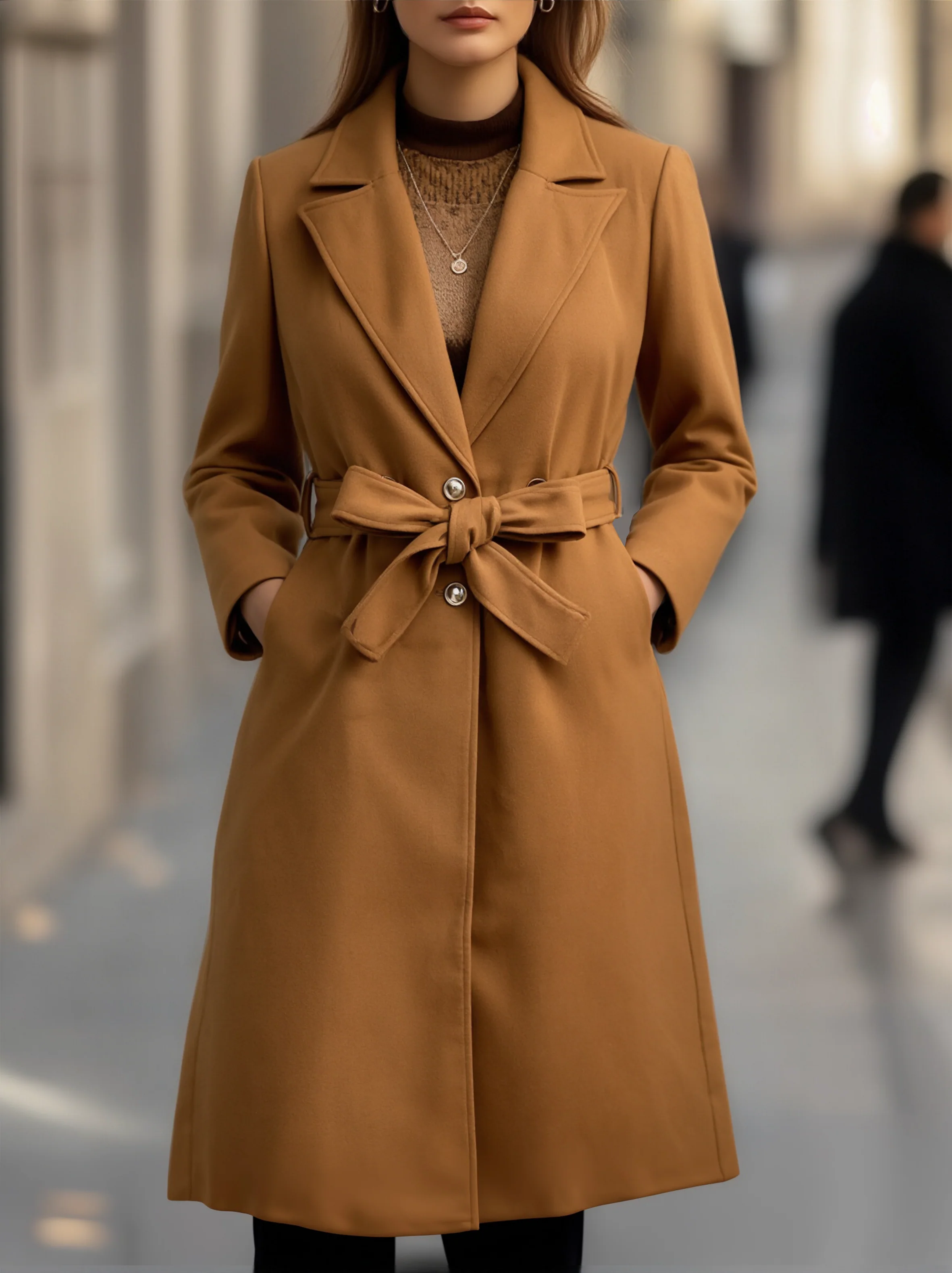 Classic Camel Wool Trench Coat with Belted Silhouette