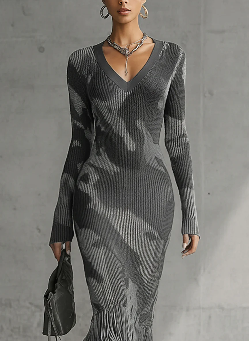 Olive Camo Knit V-Neck Fringe Hem Bodycon Dress