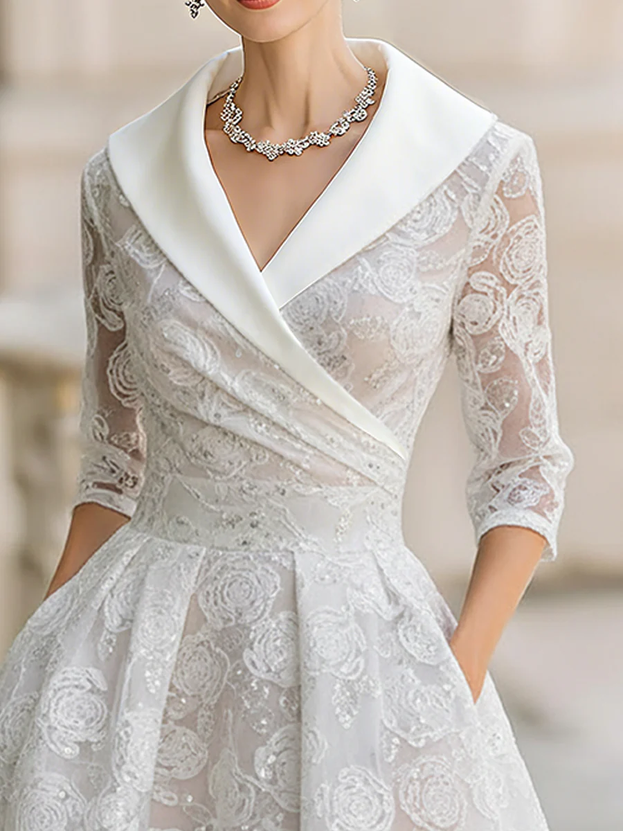 Elegant Lace Midi Dress With White Shawl Collar