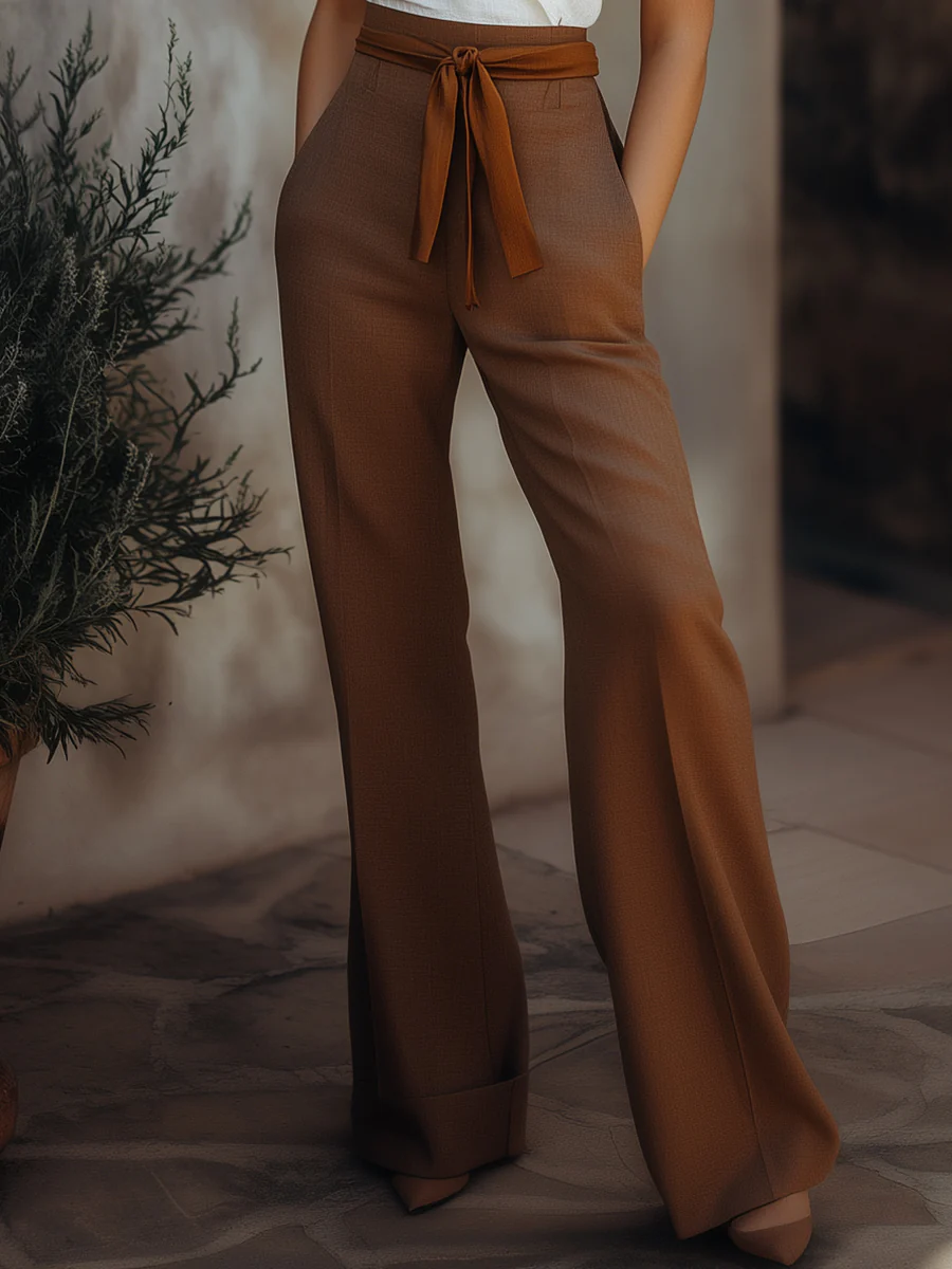 Women’s Linen-Blend Wrap Top & High-Waisted Trousers Set In Ivory And Mocha