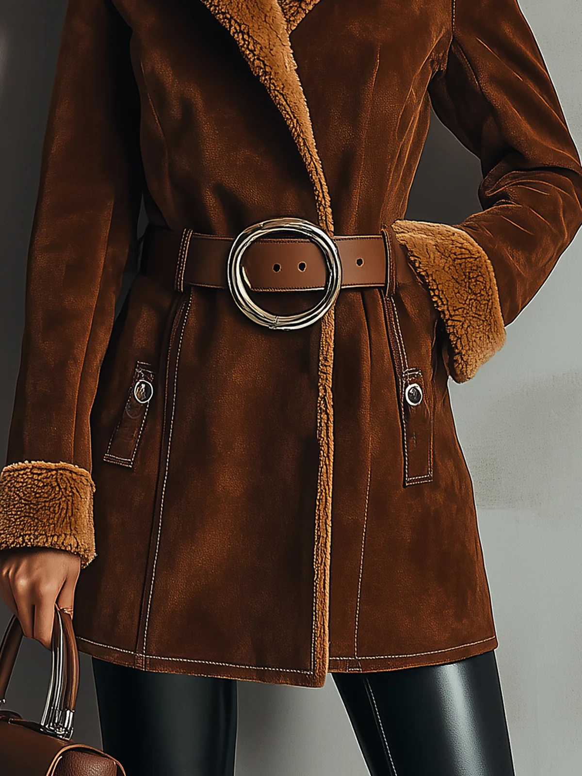 Brown Faux Suede Jacket With Shearling Trim And Belted Waist