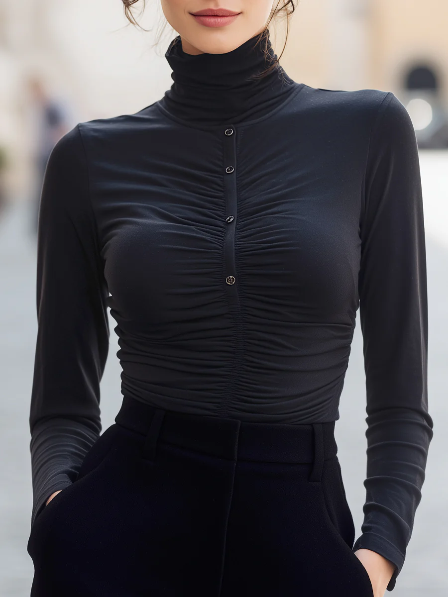 Ruched Long Sleeve T-Shirt With Button Detail
