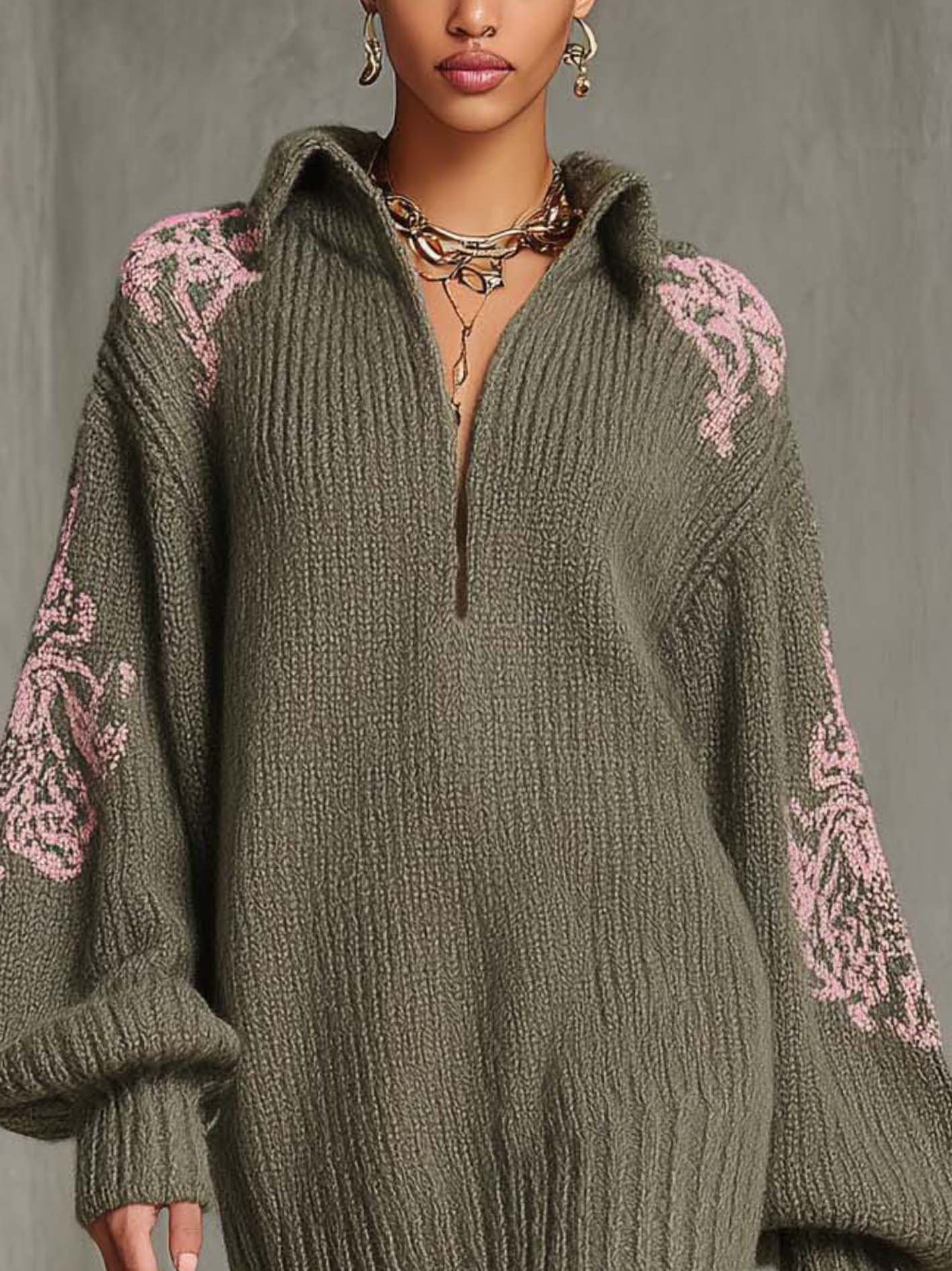 Gray-green Knitted Mini Dress With Pink Embroidery