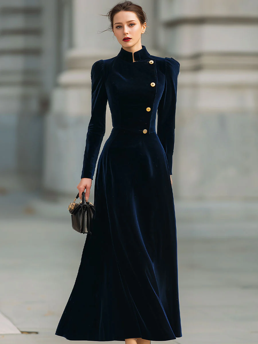 Elegant Navy Velvet Long Sleeve Dress