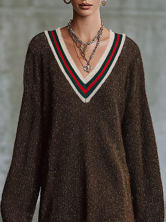 Brown Knit Sweater Dress With Striped Trim And Fringe Hem