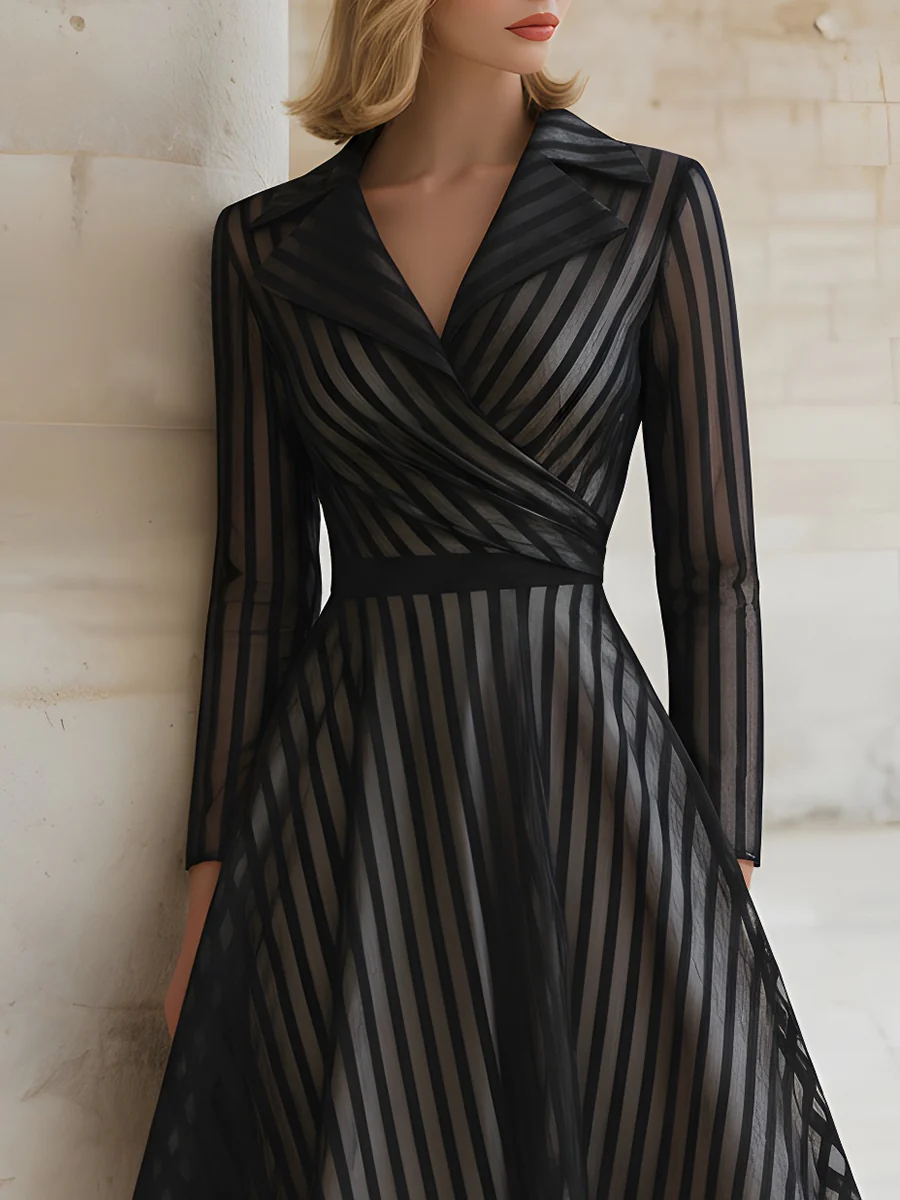 Black Striped Sheer Wrap Dress