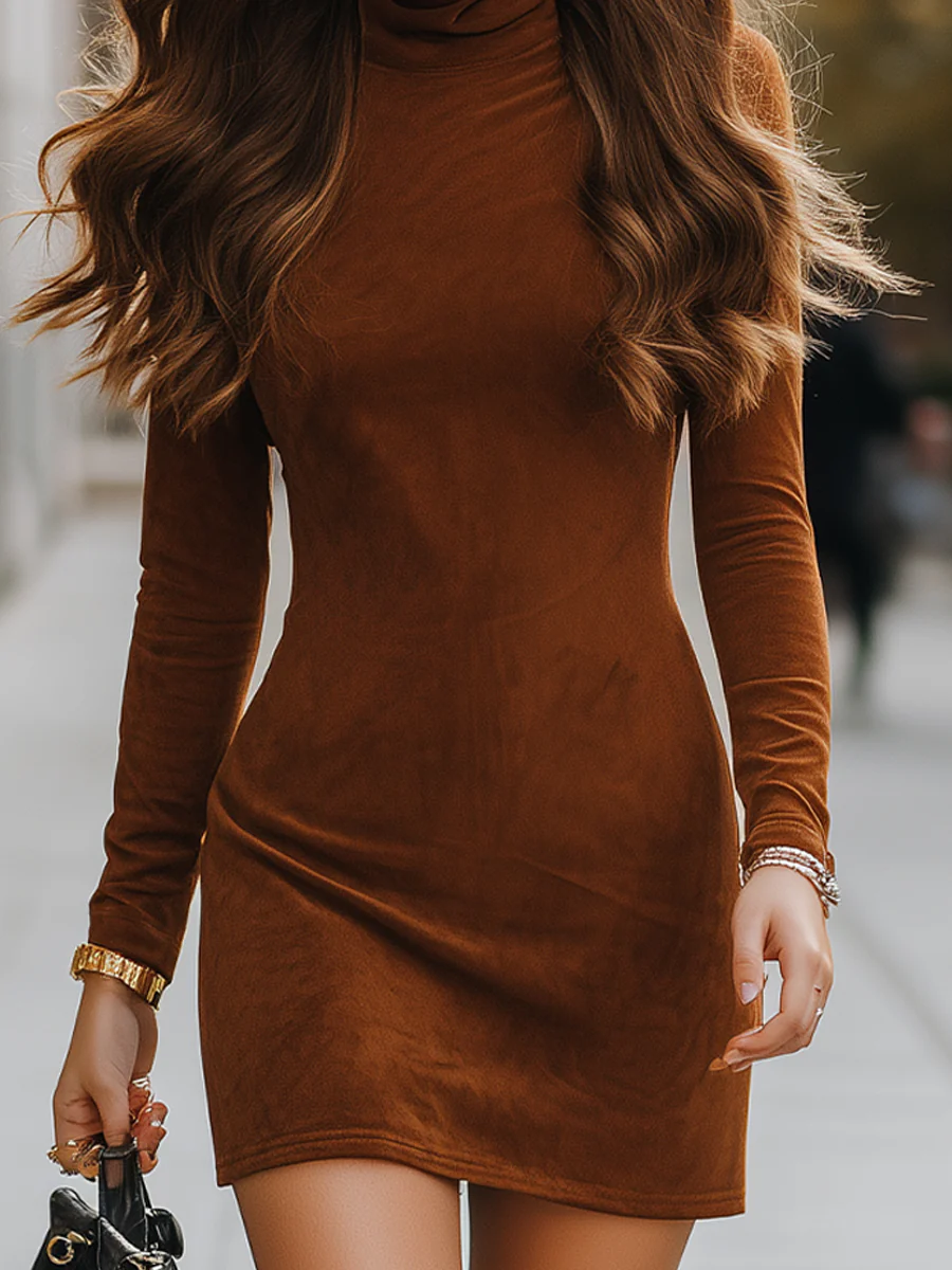 High-Neck Suede Mini Dress