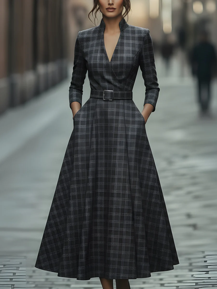 Plaid Check Belted Dress With V-Neckline