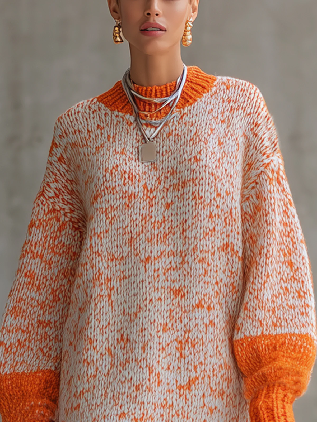 Orange And Cream Chunky Knit Oversized Sweater Dress