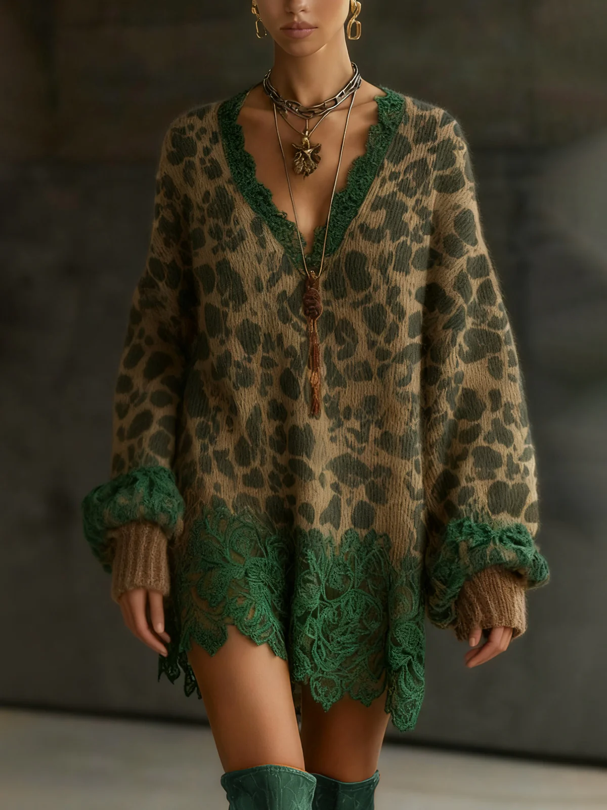 Leopard Print Knit Dress With Green Lace Accents