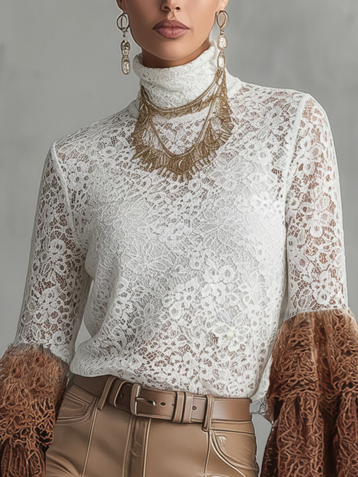 White Lace Turtleneck Blouse With Brown Flared Sleeves