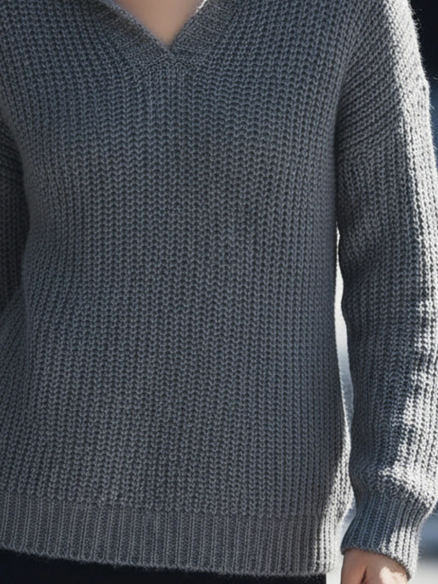 Grey Knitted Hooded V-Neck Sweater