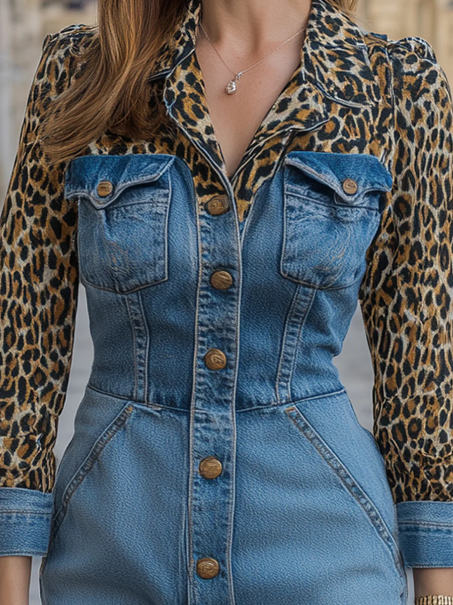 Leopard Sleeve Denim Midi Dress