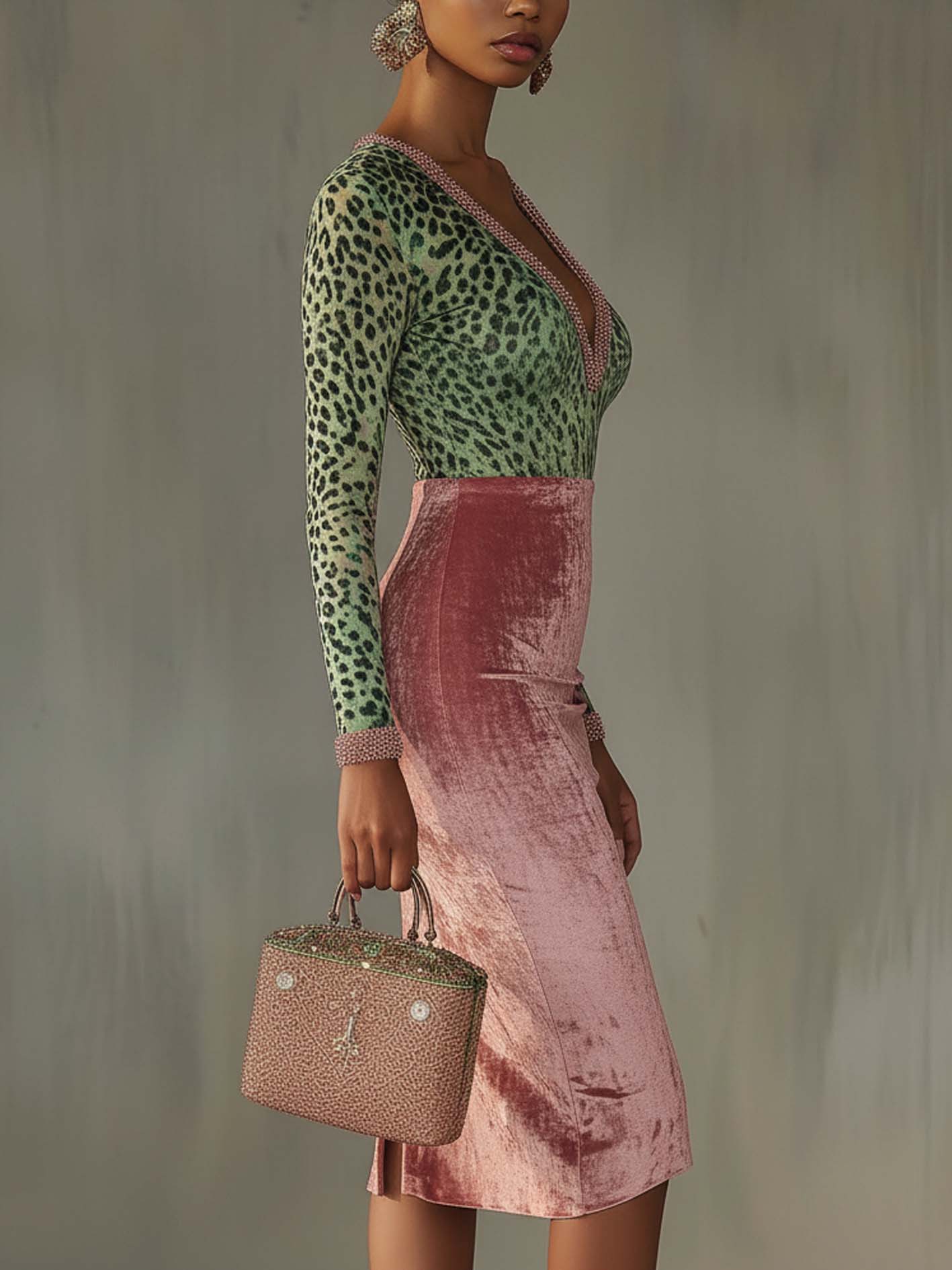 Pink Velvet Bodycon Dress With Patchwork Webbing And Leopard Print