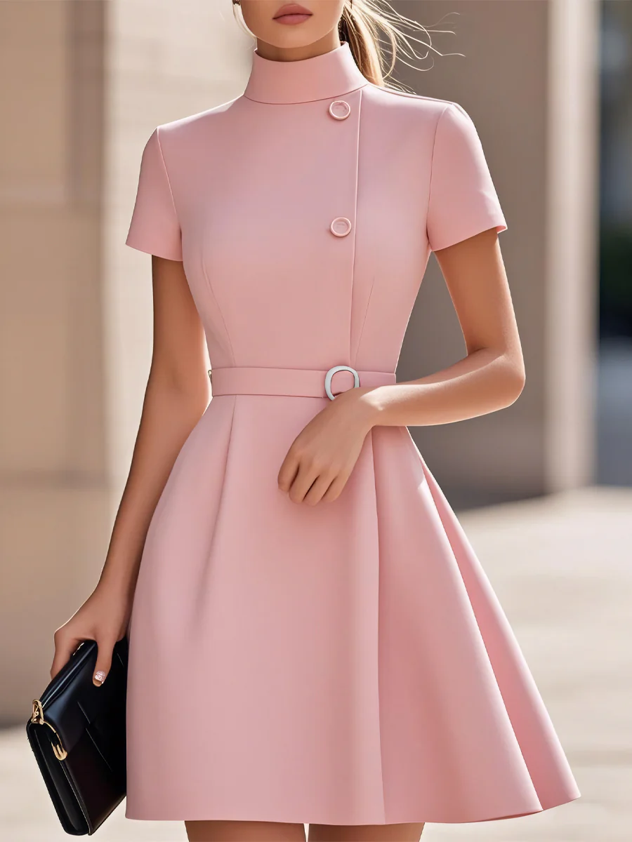 Elegant Black High-Neck Dress with Belted Waist