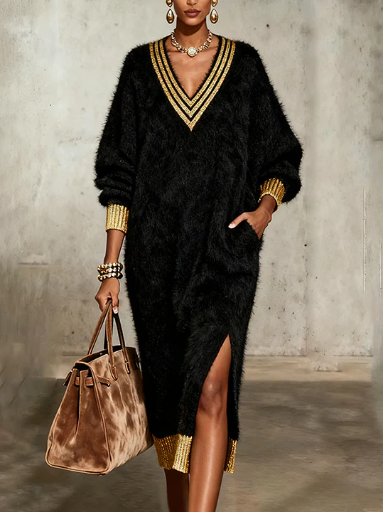 Black Fuzzy Knit Dress With Gold Accents