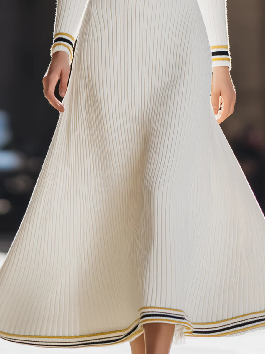 White Ribbed Knit Dress With Colorful Striped V-Neckline