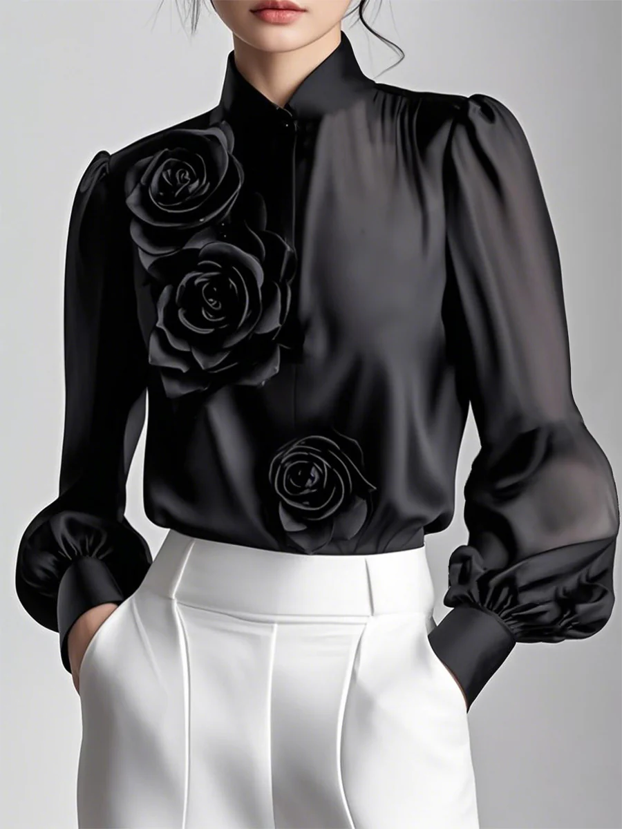 Modern White Blouse with 3D Rose Accents