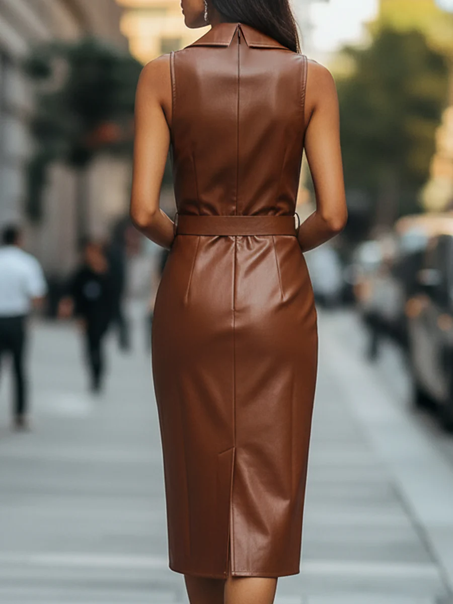 Caramel Faux Leather Sleeveless Midi Dress with Belt