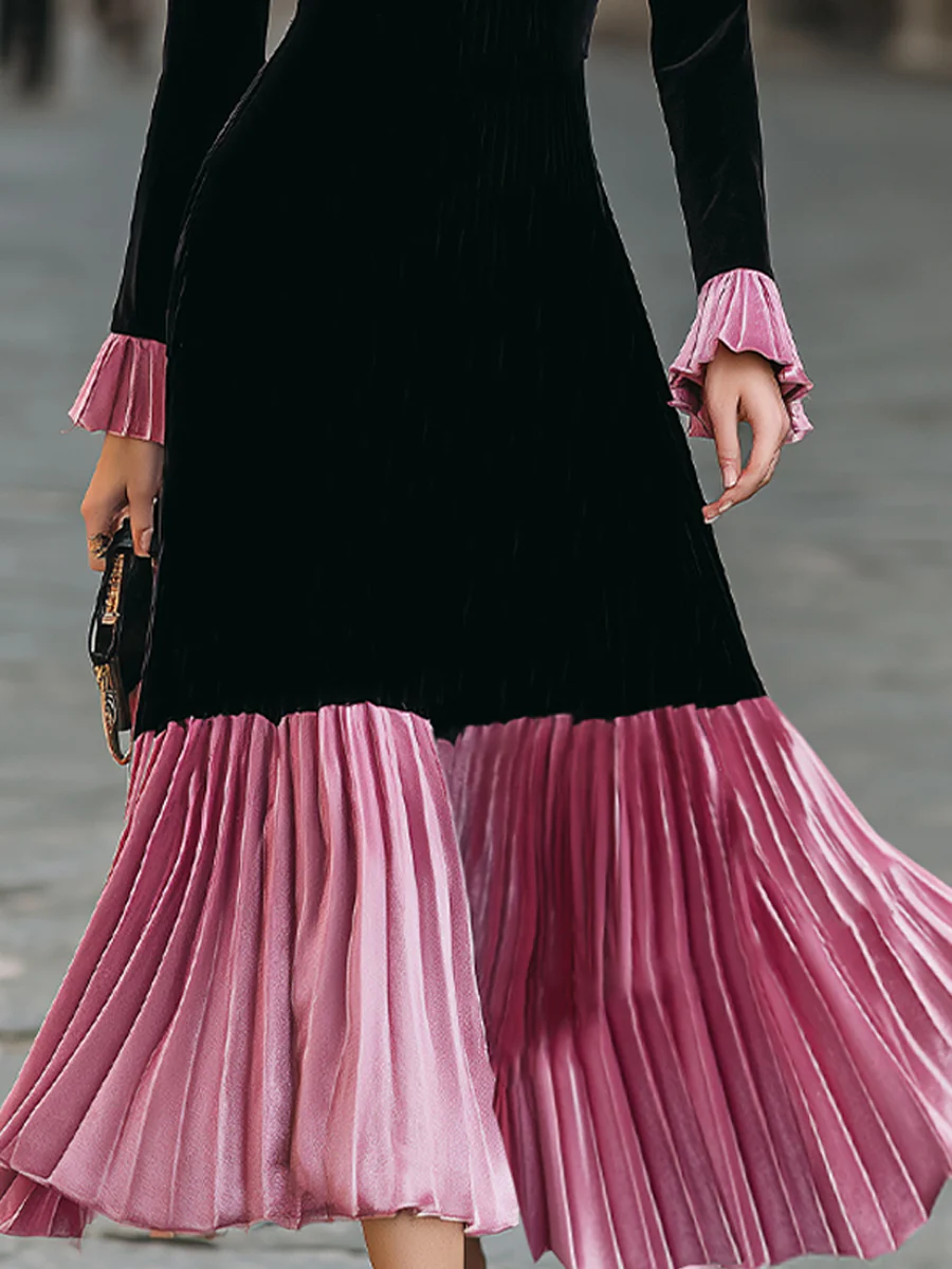 Elegant Black And Pink Velvet Pleated Midi Dress