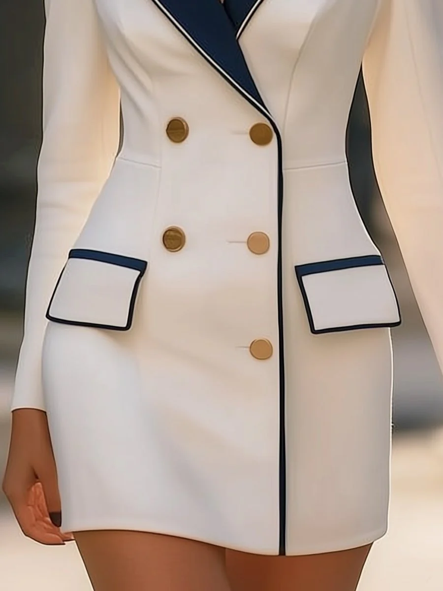 White Double-Breasted Blazer Dress with Navy Lapel