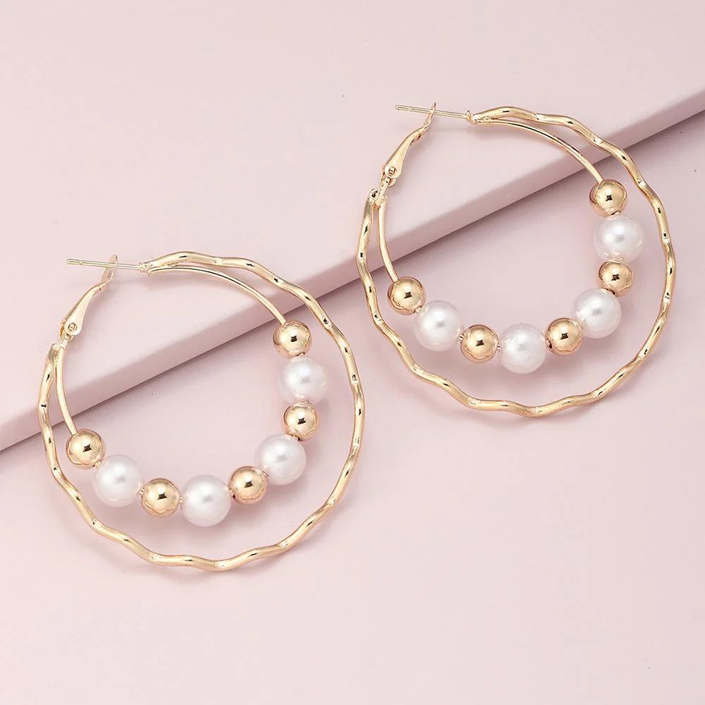 Double Layer Pearl Hoop Earrings