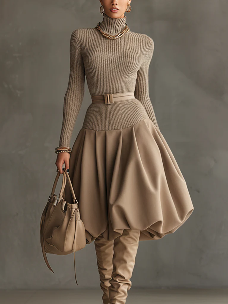 Camel Knit Lantern Long Sleeve Midi Dress With Belt