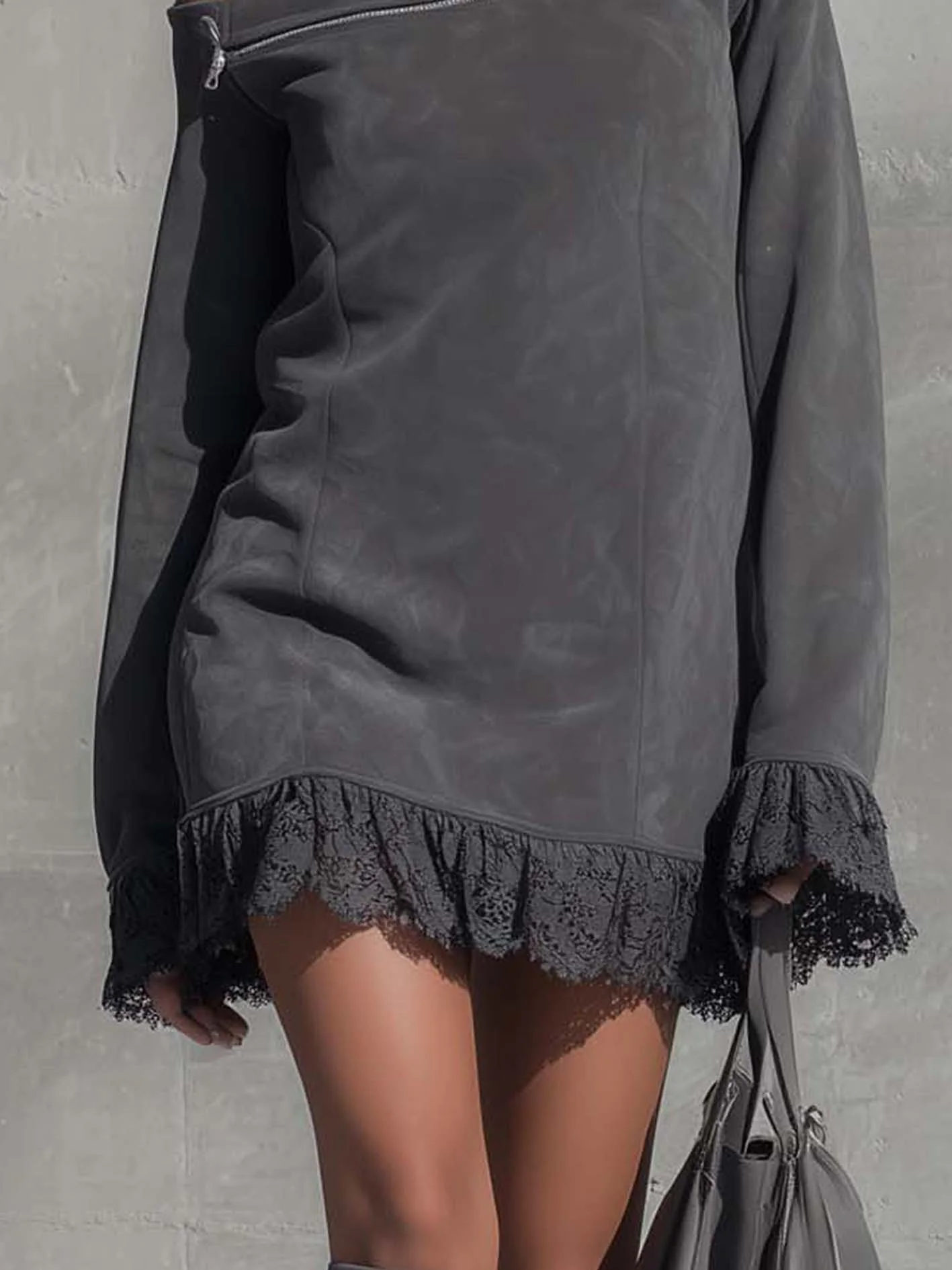 Gray Faux Suede Mini Dress With Lace And Zipper