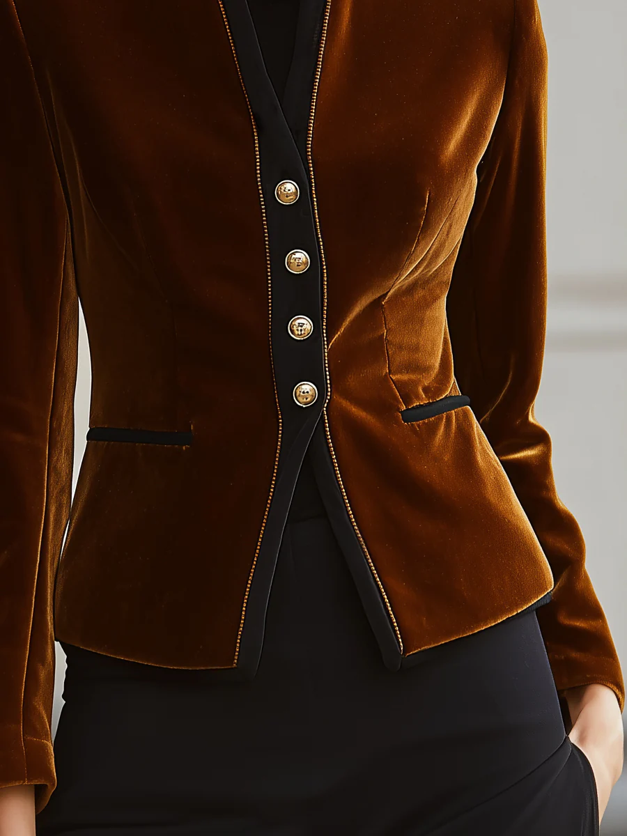 Velvet Blazer With Black Accents And Gold Buttons