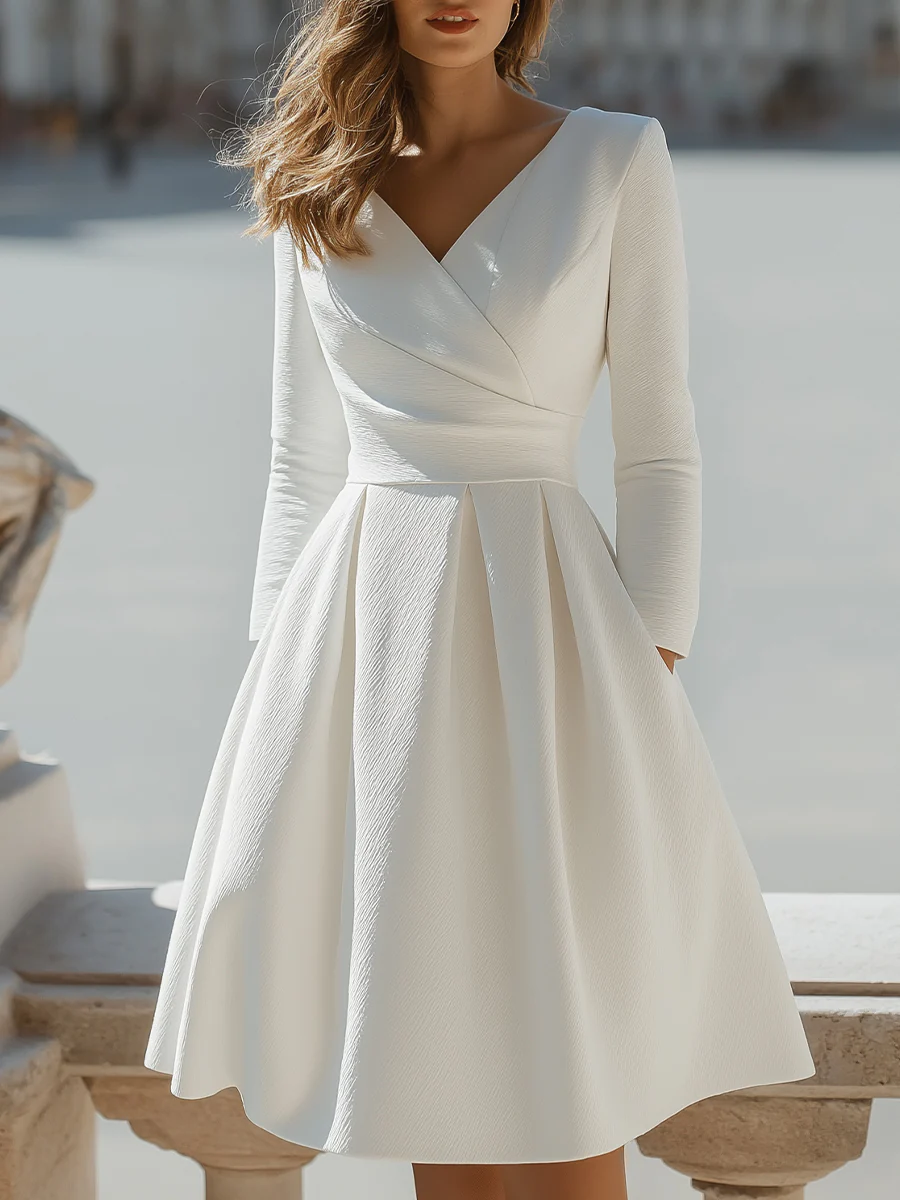 White V-Neck Pleated A-Line Dress