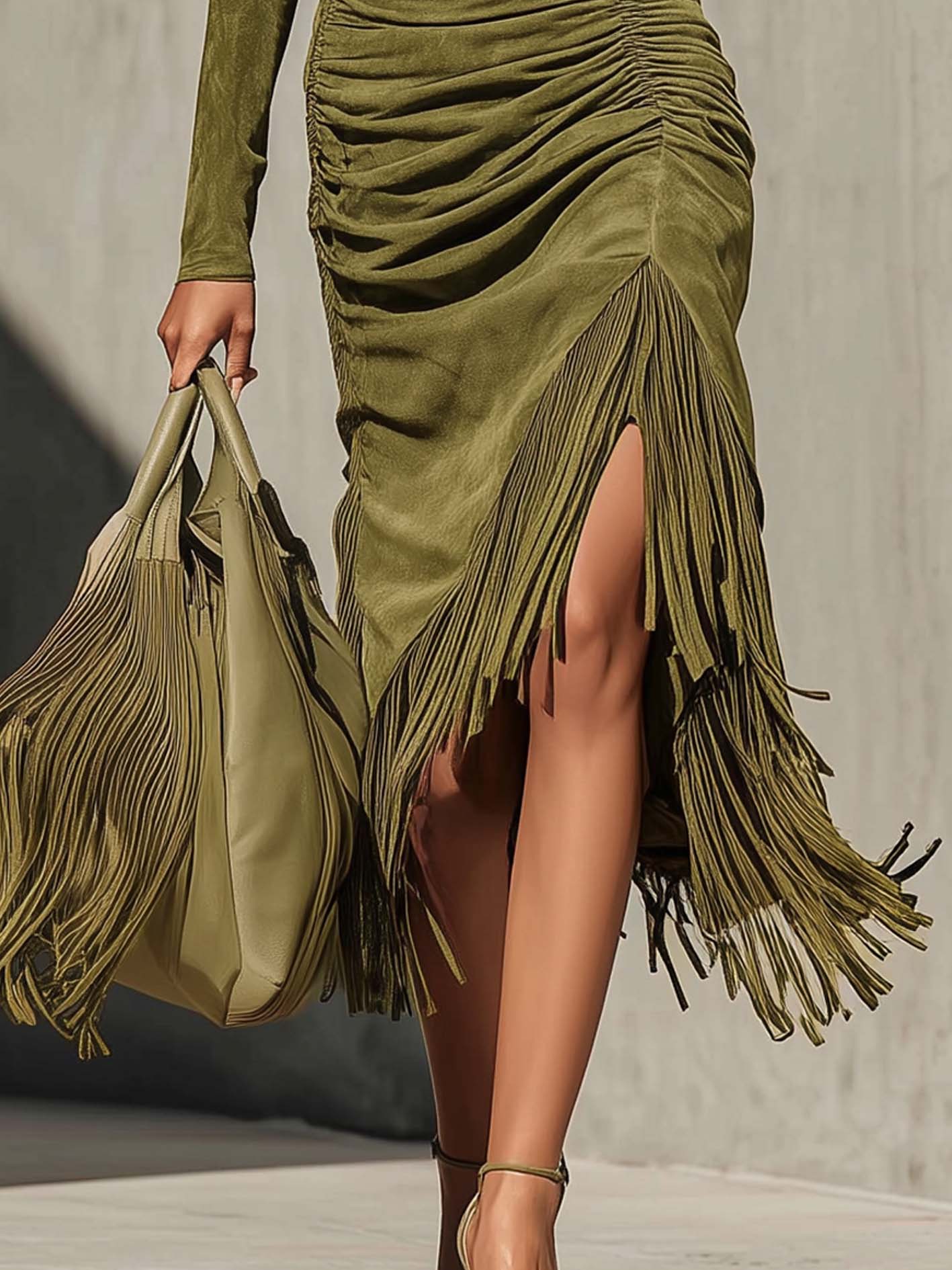 Olive Green Faux Suede Ruched Fringe Bodycon Dress