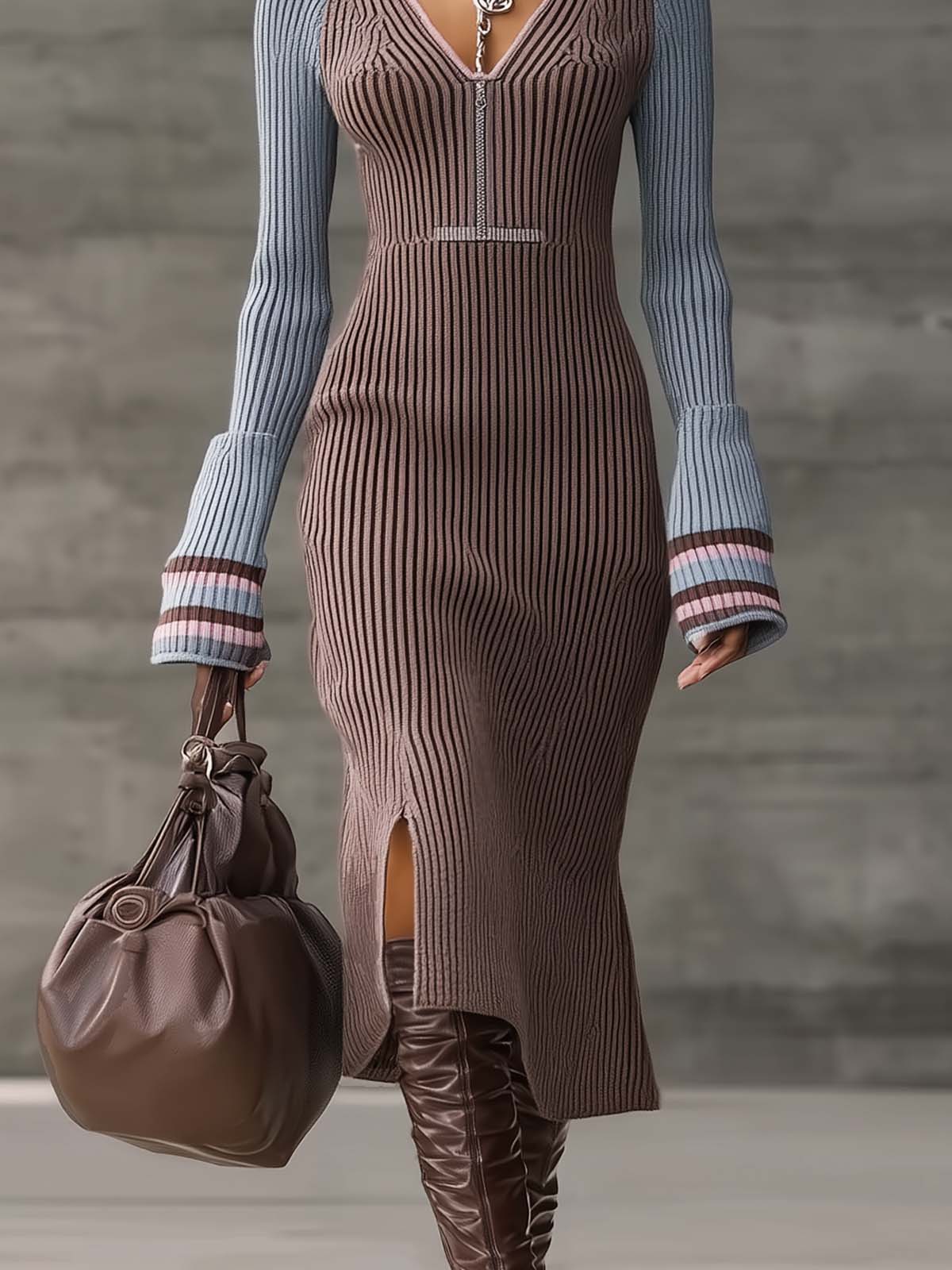 Two Tone Ribbed Knit V Neck Slit Midi Dress