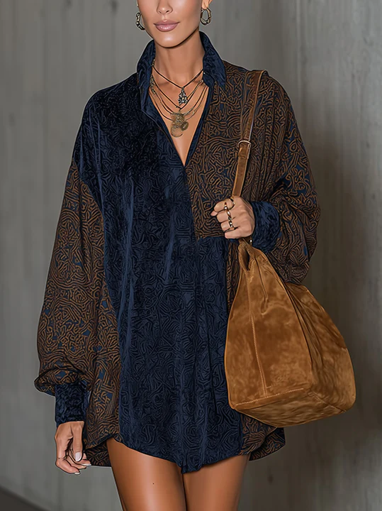 Navy And Cognac Patchwork Velvet Shirt Dress